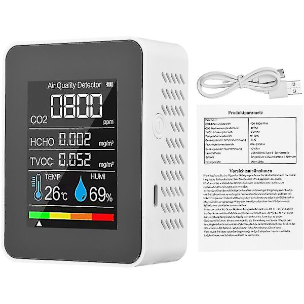 Fem-i-en gasdetektor med LCD-digitalt display, farveskærm, kuldioxiddetektor (indbygget batteri), hvid (hus med skrå huller og tilfældig farve)