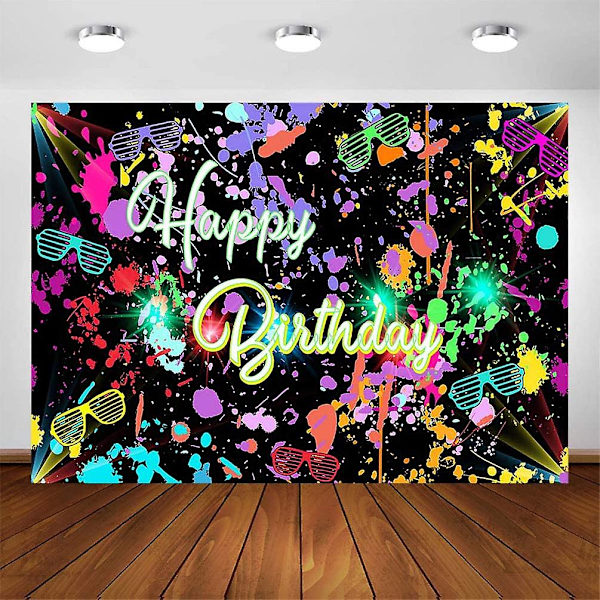 Neon syntymäpäiväjuhlan tausta 7x5ft Hohtaa pimeässä Graffiti-roiskeet Hyvää syntymäpäivää Juhlan banneri Valokuvaustausta Annetaan hehkua Tanssi Syntymäpäiväkoriste