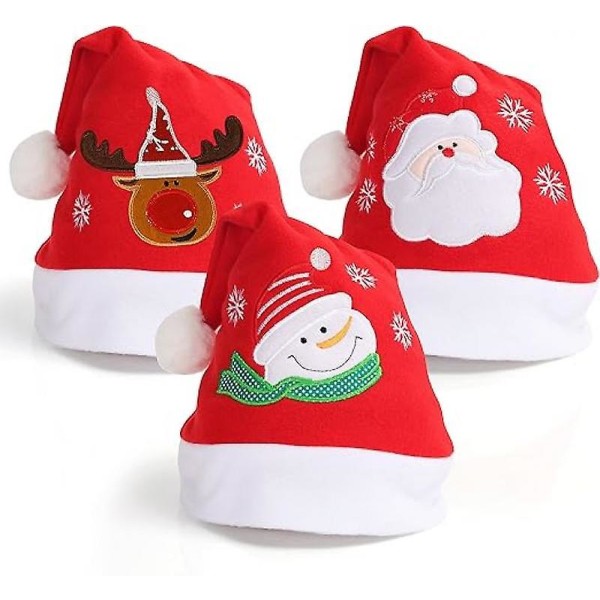 Pehmoinen aikuisten joulupukkihattu (3 kpl pakkaus) - Unisex paksu aikuisten joulupukin hattu - punainen ja valkoinen samettinen joulupukkihattu joulun/uudenvuoden juhliin - juhlava