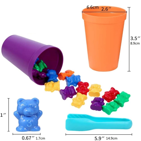 71 stk. regnbue tællebjørne sæt med matchende sorteringskopper terninger og pincet