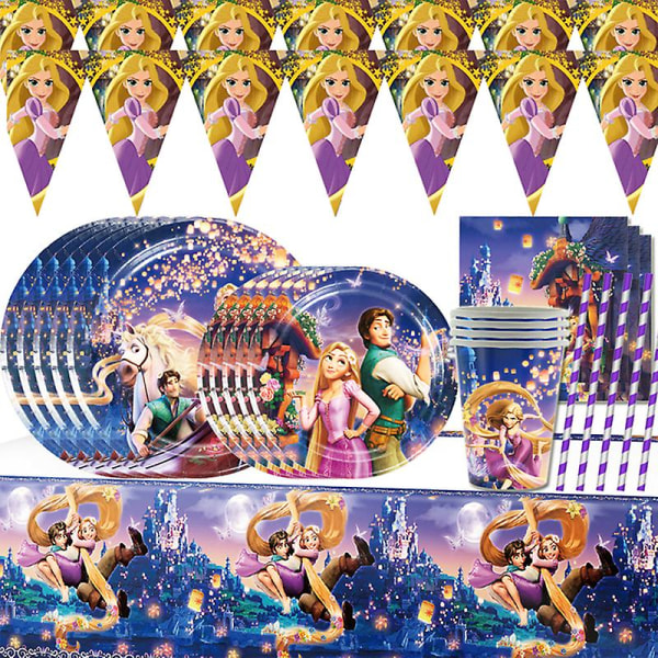 Rapunzel tema fødselsdagsfest dekorationer service kop tallerken serviet dug vimpel sugerør baby shower rekvisitter 61stk/parti