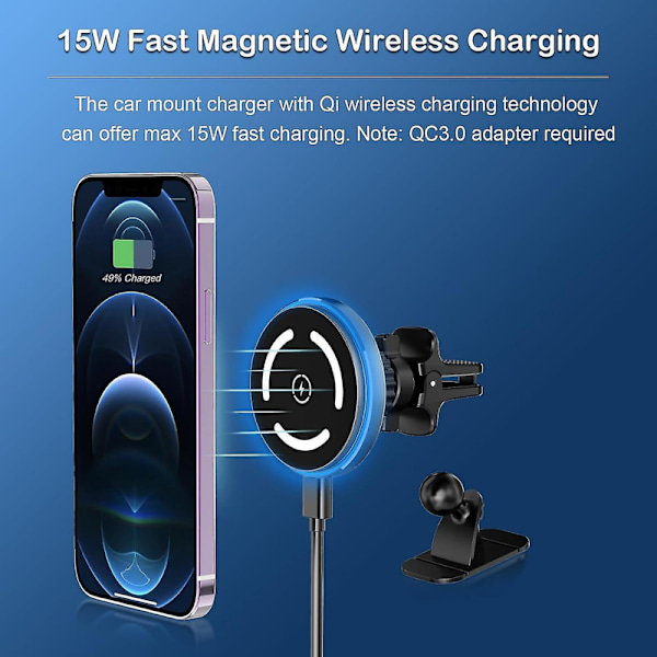 MagSafe bilfeste med lader, 15 W hurtiglading trådløs billader, luftventil/dashbord magnetisk telefonholder for iPhone 15 Pro Plus Max