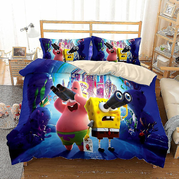 Ss-4 3D-trykt Spongebob Squarepants Sengetøysett Dynetrekk Putevar Single Dobbel Barn Jul Gave US QUEEN 228x228cm