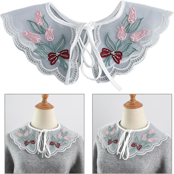 Blonde blomstermønster brodert falsk krage med perleperler - Universal avtagbar genser skjorte krage for kvinner