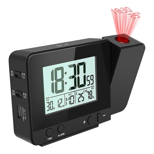 Projektor Digital Vekkerklokke for Soverom, Stor Vekkerklokke Med Projektor På Taket Med Usb-Port, Batteribackup, 180projektor, Led-Display