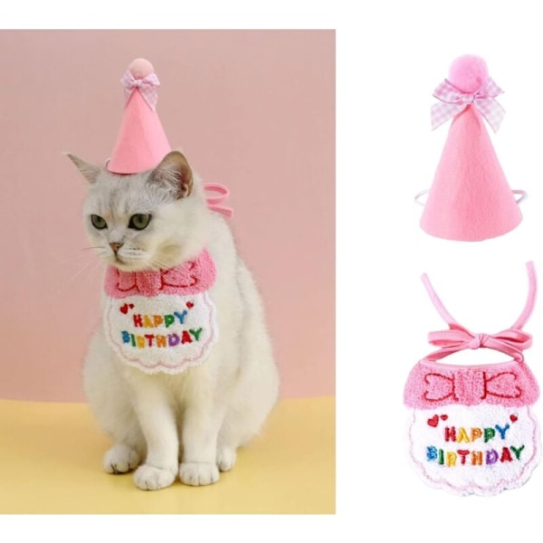 Bandana til kæledyr, kat og hund, tillykke med fødselsdagen - halstørklæder og partyhat - mini hunde - kæledyrstilbehør - pink a