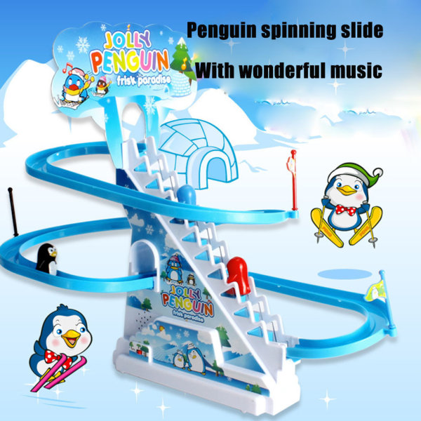 Penguin liukuradalla oleva palapeli, sähköinen kilpajunaratalelu musiikin kanssa