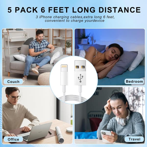 5-pakning 2 m iPhone-ladekabel – Lang Lightning til USB-hurtigladekabel [JUN]