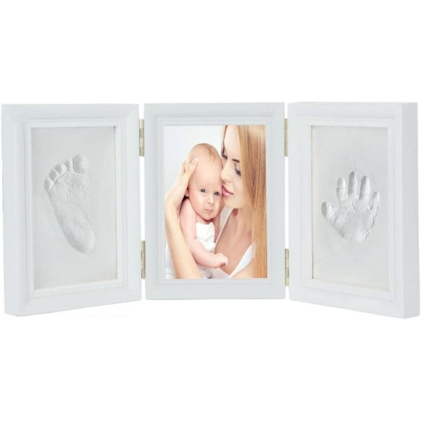 Vit baby handprint footprint foto ram kit för pojkar och flickor perfekt babyshower present, premium lera och träramar