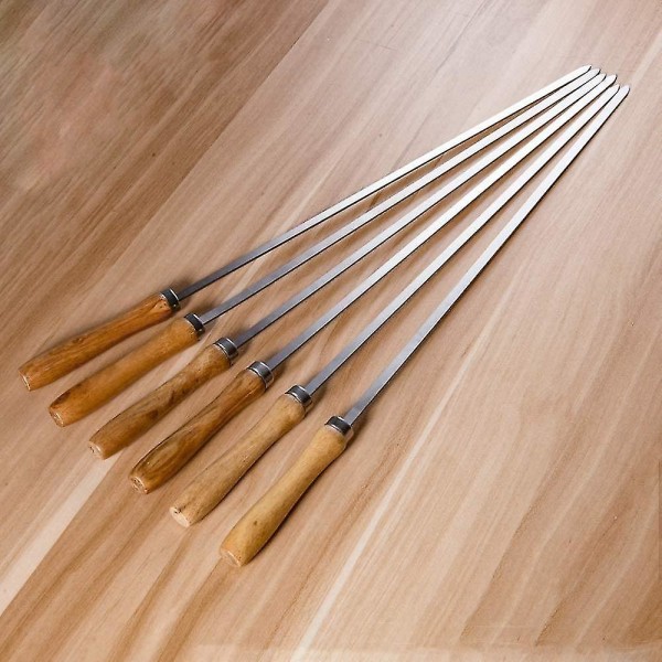 Nyt sæt med 6 flade spyd i rustfrit stål med træhåndtag grill 42 cm