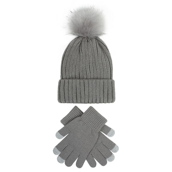 Stickad mössa handskar set för kvinnor vinter skidåkning utflykt Light Grey