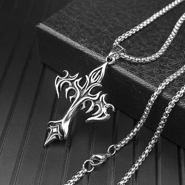 Goth Flame Cross Pendant Halskjede For Menn 50cm Rustfritt Stål Kjede Hals Grunge Punk Gotisk Stil Gave Engros