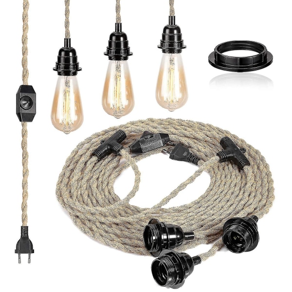 E27 2-kjernet lin elektrisk kabel vridd elektrisk kabel for lysarmaturer med justerbar bryter og 6,8 m lampesokkel (tre lampesokler)