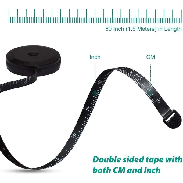 Blød målebånd, indtrækkeligt målebånd til stof, syning, skrædder, strikning, håndværk, vægttab, målinger, indtrækkeligt, sort, dobbeltsidet målebånd