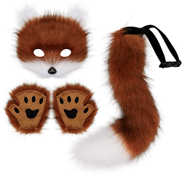 Kunstig Pelsræv Hale Kat Varulv Cosplay Kostume Sæt Plys Maske Fluffy Poter Handsker Halloween Jul Rødbrun og Hvid Red brown and white One Size