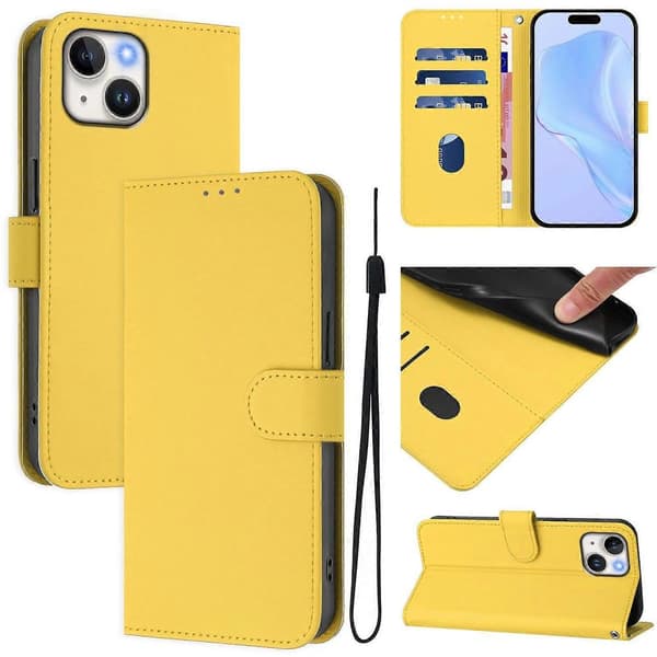 Solid farve tegnebog læder telefoncover med rem til iPhone 15 - Nude Multicolor Lemon
