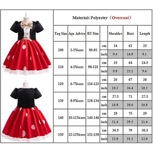 2-13 år Piger Minnie Kjole Polka Dot Sløjfe Dekoration Prinsesse Festkjole Gaver 8-9 Years