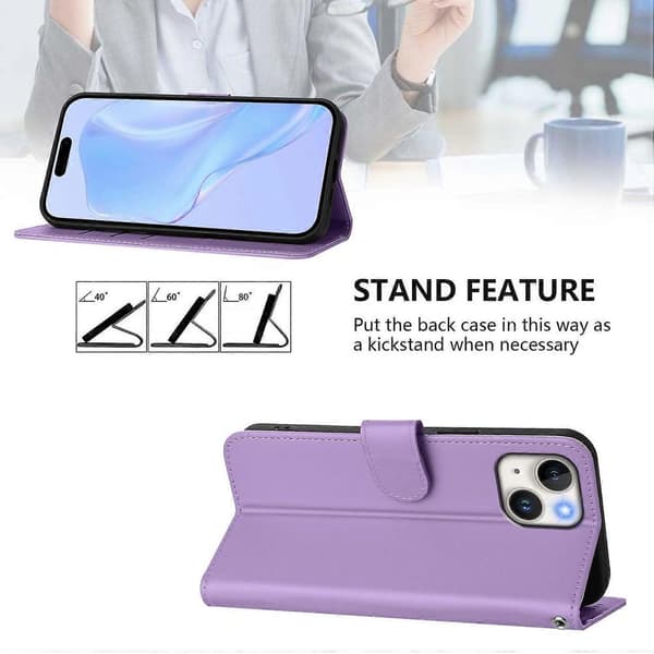 Solid farve tegnebog læder telefoncover med rem til iPhone 15 - Nude Multicolor Lavender