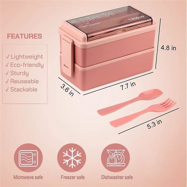 Päivitys Bento-laatikko aikuisille, 2-kerroksinen pinottava lounaslaatikko, jossa pöytäastioiden cover, 49 unssia Bento Sal