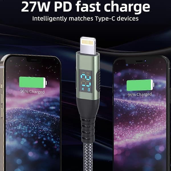 2m USB-C til Lightning-kabel med digitalt display PD 27W hurtiglading nylonflettet ledning Multicolor Black