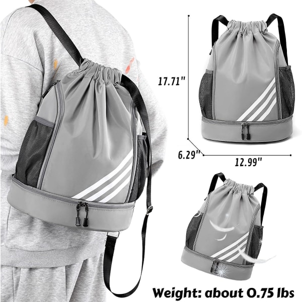 Sportryggsäck med dragsko, stor gymväska med skofack, vattentät nylon för shopping på gymmet (grå) Y02  gray