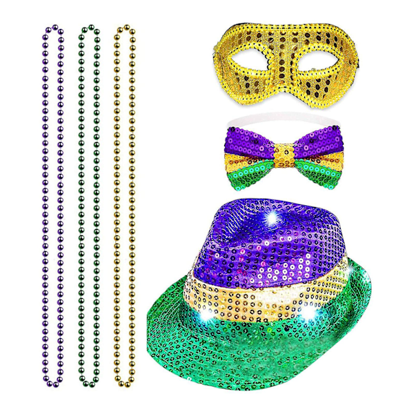 Voksen LED-oplyst Mardi Gras Fedora, Mardi Gras Kostumetilbehør med Perlekæder, Sløjfe, Seler og Maske