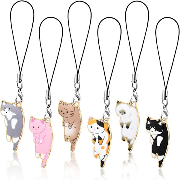 6 deler Cat Charms for mobiltelefon Kawaii mobiltelefon sjarm stropp Søt hengende katt ryggsekk lommebok nøkkelring hengende tilbehør