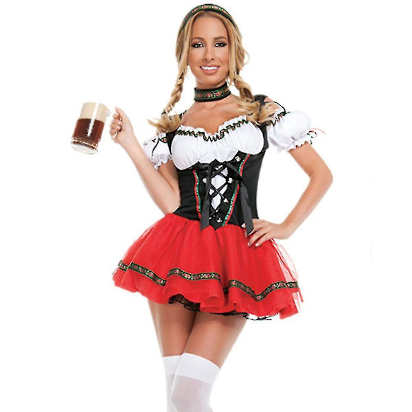 Ölserveringsdräkt Kvinnor Oktoberfest Dirndl Klänning Vuxen Halloween Festkläder L