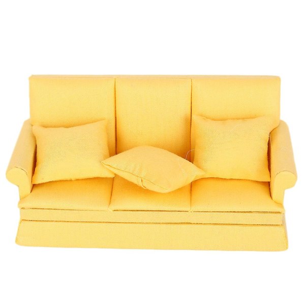 1:12 Dukkehus Mini Sofa Med 3 Puder, Stue Møbler Træ Dukkehus Dekoration Tilbehør Yellow