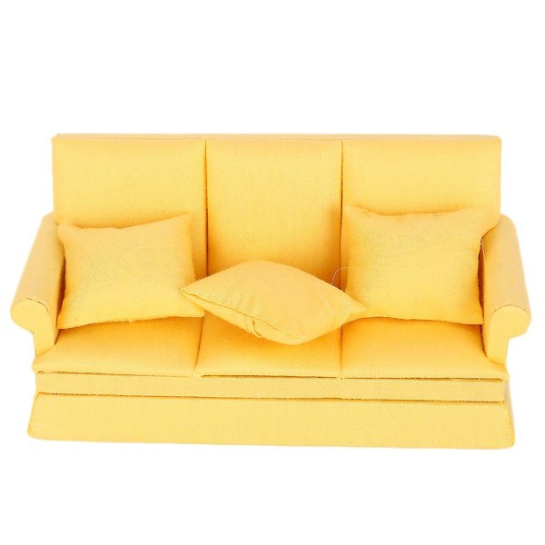 1:12 dukkehus mini sofa med 3 stk pude, stue møbler Træ dukkehus dekoration tilbehør Yellow