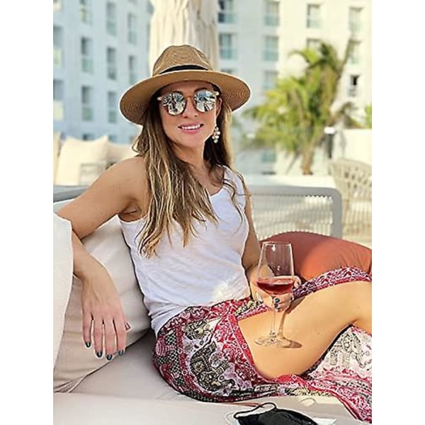 Solhattar för kvinnor och män, justerbar sommar Panama Fedora bredbrättad hatt UV UPF 50+, hopfällbar packbar stråhatt för stranden (khaki)
