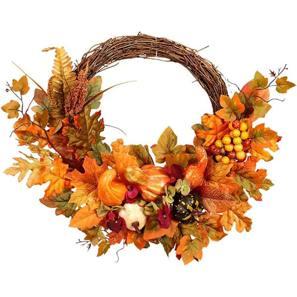 Konstgjord höstkrans, 17,7" ytterdörrskrans julkrans med pumpa lönnlöv och röda bär för Thanksgiving Day