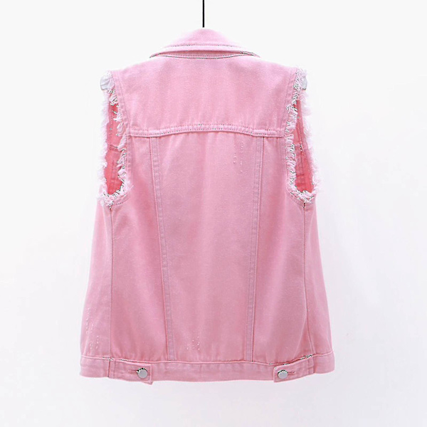 Kvinnors vår- och höstkappor enfärgad ärmlös denimjacka ytterkläder Pink L