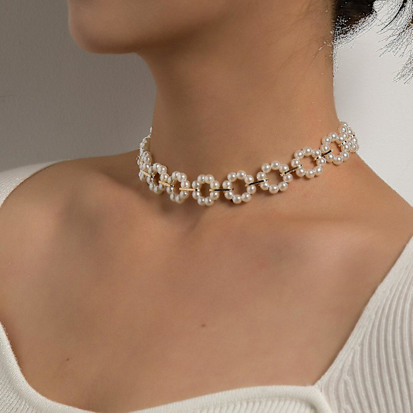 Trendy Perler Korte Kraveben Kæde Charm Kærlighed Cirkel Blomster Chokers Halskæder Til Kvinder Sød Collier Mode Smykker Pige Gave Gold