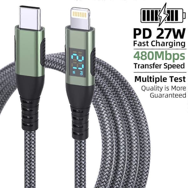 2m USB-C til Lightning-kabel med digitalt display PD 27W hurtiglading nylonflettet ledning Multicolor Black