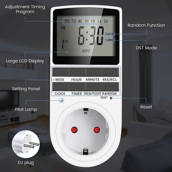 Digital timer 16A / 3680W Stikkontakt 16 konfigurerbare programmer Tilfeldig tyverisikring 24H / 7D