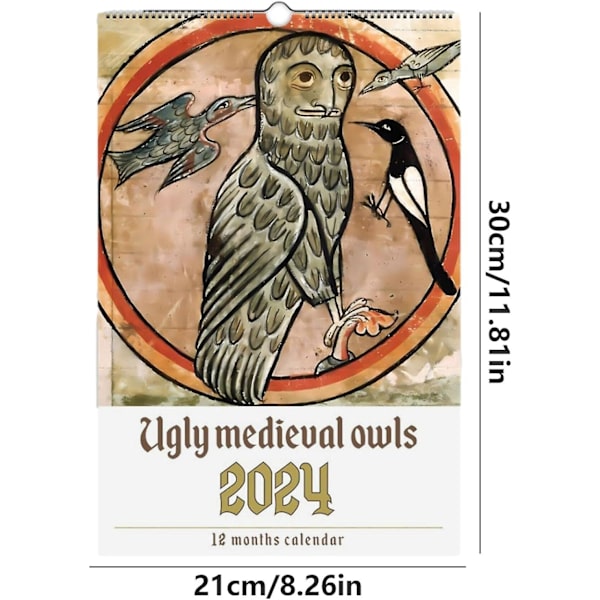 Mærkelig middelalderlig uglekalender 2024, sjov uglevægkalender, grimme middelalderlige uglemalerier Kalender, hvid elefantgave til fugleelskere