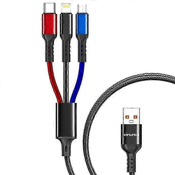 awei CL-971 3 in 1 1,2 m 2,4 A USB - 8 Pin + Micro USB + USB-C / Type-C -monilatauskaapeli