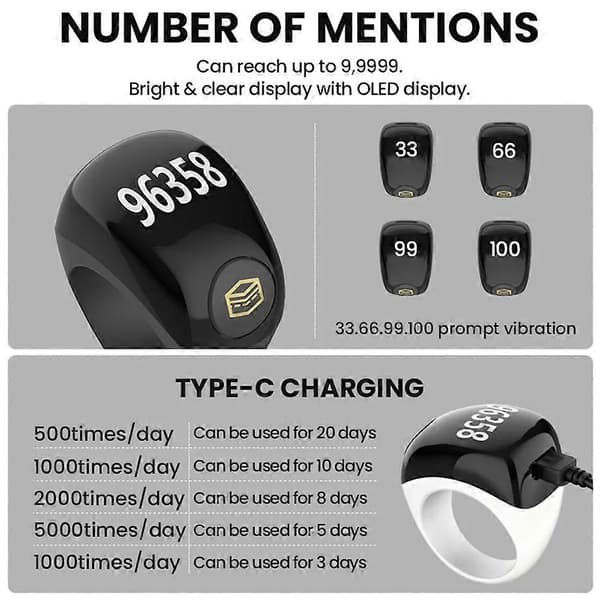 Smart Ring Form Manuel Tælling Natlys Digital Display Tæller Bærbar Finger Tæller Sort