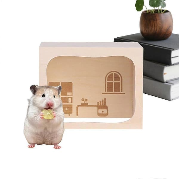 Hamsterbur med åbenbar top, trætunnel, muselegetøj, hamsterindhegning study