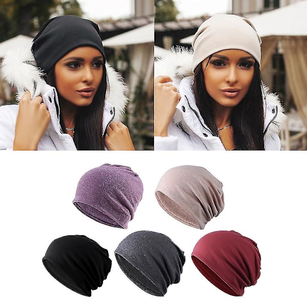 5-pack Slouchy Baggy Beanie Chemo Hat Cap Khaki + Svart + Grå + Vinröd + Lila