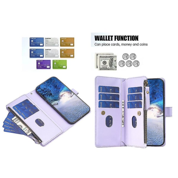 Case Realme C55:lle vetoketjullinen cover , jossa korttipidike, magneettinen suljin, yhteensopiva Realme C55 case kanssa Light Purple