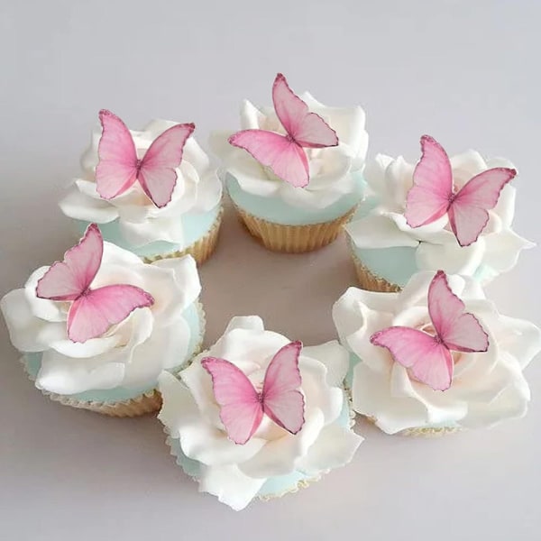 Syötävät vohvelipaperiperhoset, 48 kappaleen setti, vaaleanpunaiset kakunkoristeet, cupcake-koristeet (FMY)