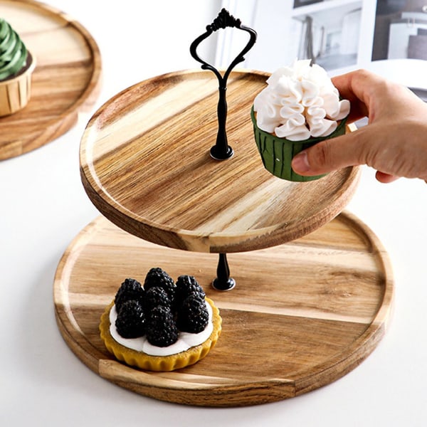 Välipalalautanen kahvalla Irrotettava puinen kaksinkertainen kolmikerroksinen kakkuteline Teejuhlatarvikkeet Black Dual Layer