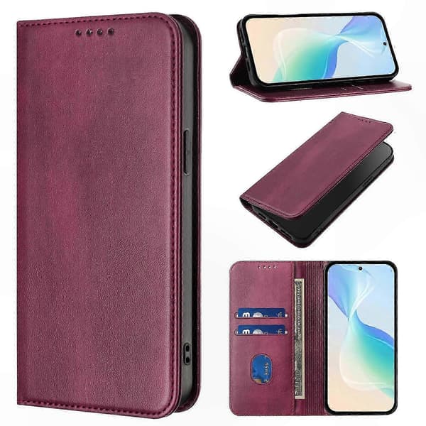Retro tekstur læderpung etui til 15T telefoncover Wine Red