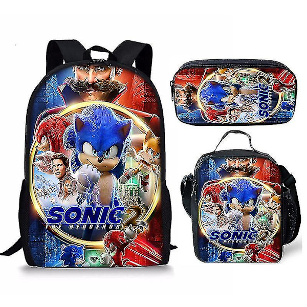 Sonic Rygsæk Sonic Studerende Taske Frokost Taske Blyant Etui Tredelt Sæt