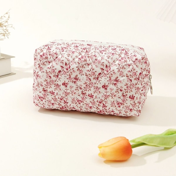 Blommig Puffig Quiltad Sminkväska Stor Resekosmetikväska LIGHT PINK