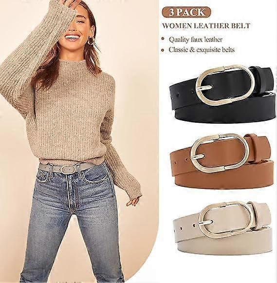 3-pack damläderbälte för jeansbyxor dammode läderbälte för klänningar glänsande guldbälte black brown  beige