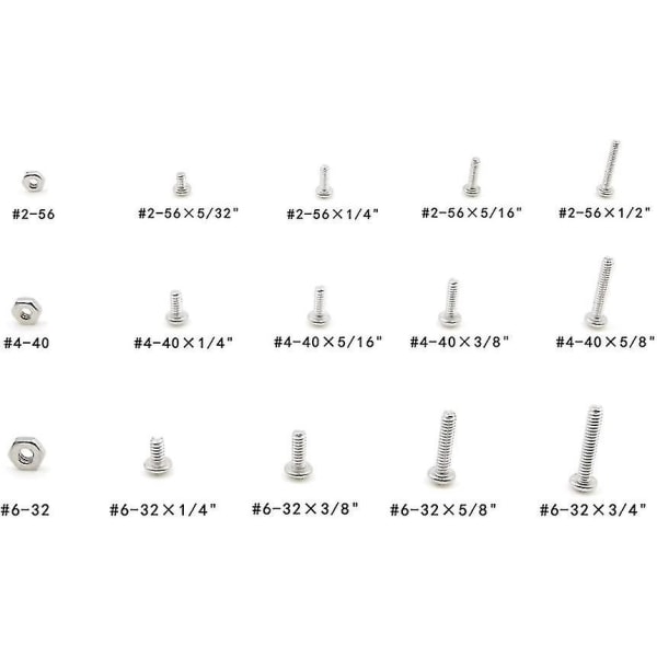 #2-56#4-40#6-32 UNC rustfritt stål Phillips Pan Head maskinskrue muttere assortert sett