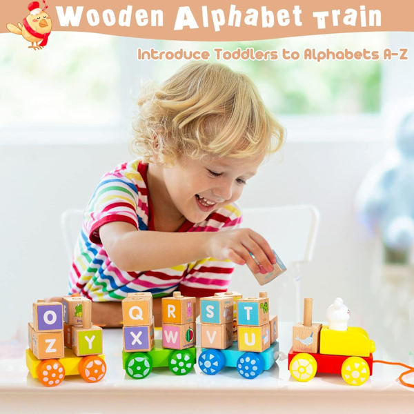 Træstabeltog - Baby Block Pull Toy med formsortering Tidlig uddannelseslegetøj til småbørn drenge piger